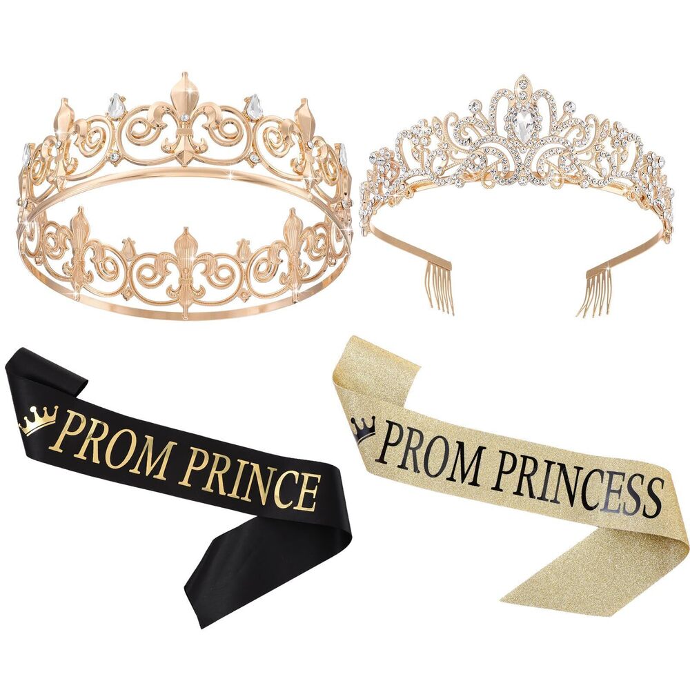 4249 Prom Prince Princess Crown Set with Sashes 80s Prom Party Favors